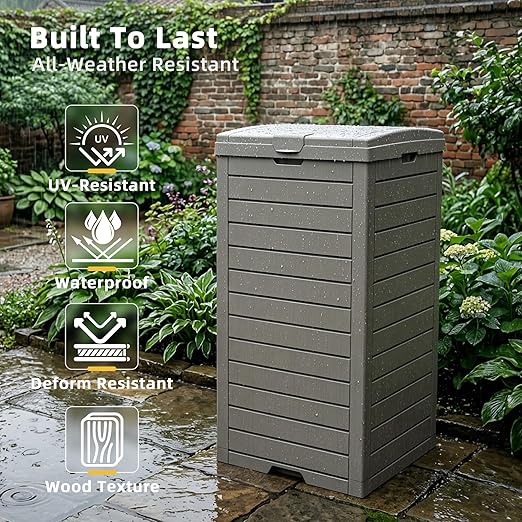 EFU 38 Gallon Outdoor Trash Can with Lid & Drip Tray, Waterproof Garbage Can for Patio Backyard Deck Porch, Heavy Duty Waste Container Bin，Light Coffee