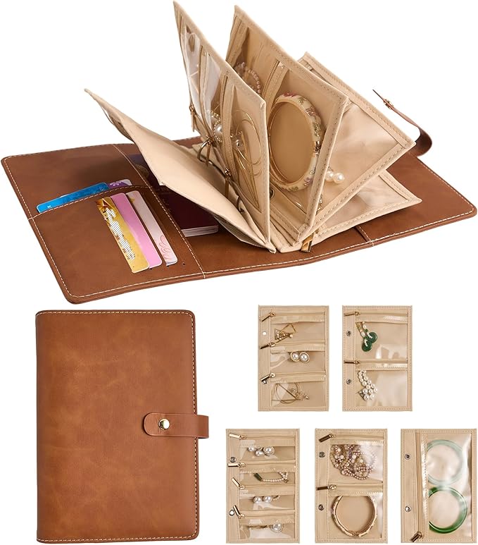 PU Leather Jewelry Binder Storage Case - Jewelry Boxes Travel Binder Organizer Book Ring Binders with Zipper Velvet Pouch Bags for Bracelet Earring Rings Necklaces - Brown