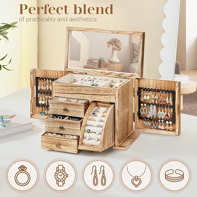 Poyilooo Jewelry Box Organizer, Solid Wood Jewelry Boxes fow Women with Mirror, Double Layer Jewelry Organizer Box Display Earring Necklace Bracelet Ring, Rustic Style Small Jewelry Box for Girls