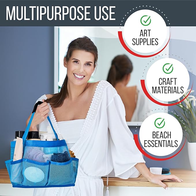 Masirs Mesh Shower Caddy – 9 Pocket Portable Shower Tote Bag for College Dorm Room Essentials, Quick-Dry Bathroom Organizer for Travel, Gym, Camping, Beach – Lightweight Collapsible Blue