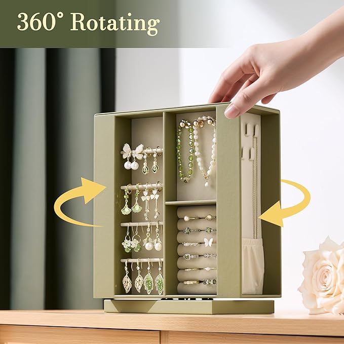 pickpiff Jewelry Box Organizer for Women: 360 Rotating Vertical Storage Case, Black Leather with Blush Velvet, Ring Necklace Bracelet Holder, Gift Decor, 10 x 8.7 x 3.9 in