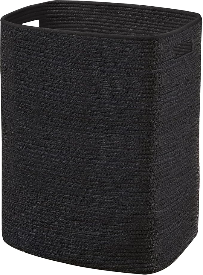 MEGASKET Large Laundry Hamper 16"x13"x22" - Tall Woven Laundry Basket, Cotton Rope Dirty Clothes Hamper, Baby Kids Nursery Wicker Laundry Basket, Bedroom Aesthetic, Soft Laundry Bin, Black Hamper, 75L