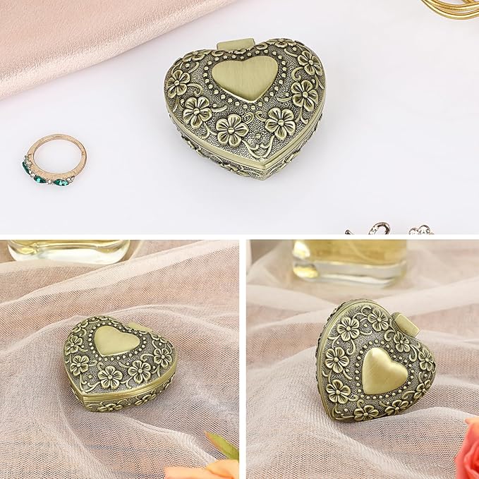 Hipiwe Vintage Heart Shape Jewelry Box - Small Antique Ring/Earrings/Necklace Storage Organizer Case, Metal Treasure Chest Trinket Keepsake Gift Box for Women,Bronze