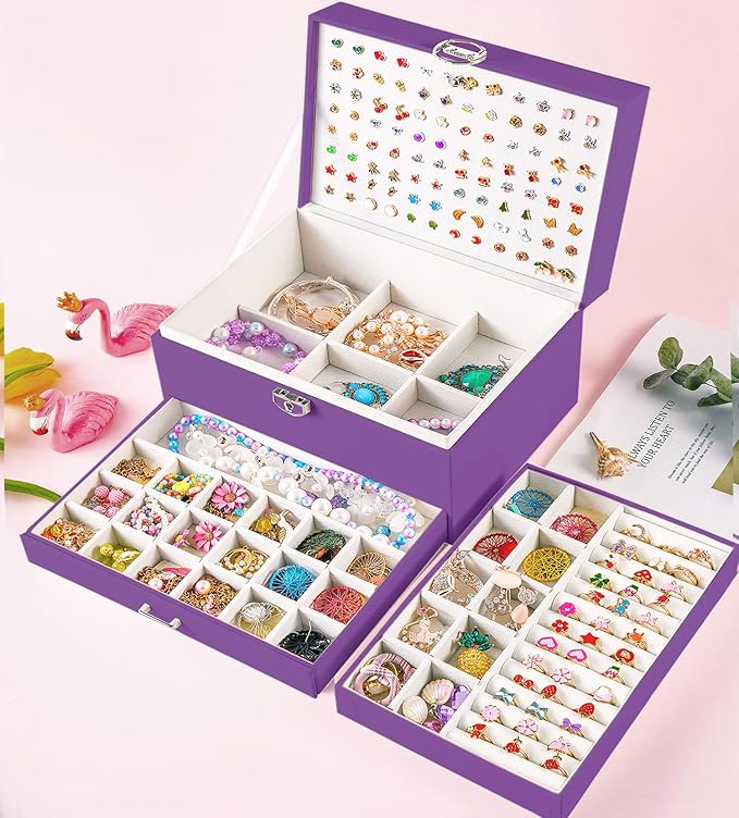 QBestry Earrings Jewelry Box for Girls, 5 Layers Jewelry Organizer with Earring Holder Organizer for Girls Earring Organizer Jewelry Boxes for Women Earrings and Necklaces Jewelry Box Organizer Purple