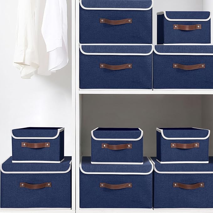 ANMINY Storage Bin with Lid Storage Boxes with PU Leather Handles PP Plastic Board Decorative Foldable Lidded Cotton Linen Fabric Home Cubes Baskets Closet Organizer Container - Blue, Medium