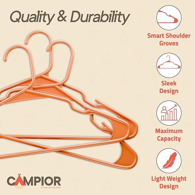 Plastic Clothes Hangers – Heavy Duty Hanger Set, for Organizing Clothes, Dresses, and Coat, Holds Up to 5 lbs, Space-Saving Hangers with Non-Slip Shoulder Grooves, Pack of 20, Orange