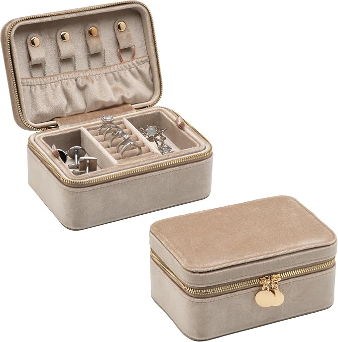 Velvet Travel Jewelry Organizer Box with Zipper Around Portable Accessory Display Tray Holder Storage Case for Multiple Earrings Rings Necklaces Bracelets (Beige)