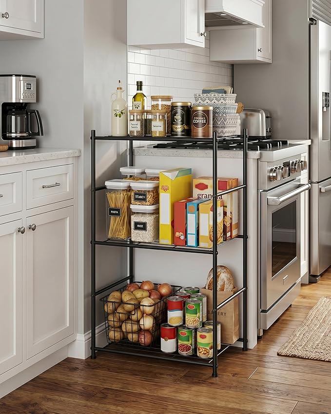 Sakugi 3-Tier Metal Storage Shelves - Space-Saving Shelf Organizer for Small Spaces, Compact Shelving Unit with Adjustable Feet for Kitchen, Garage, Laundry Room (17.7" x 12.5" x 30.1", Black)