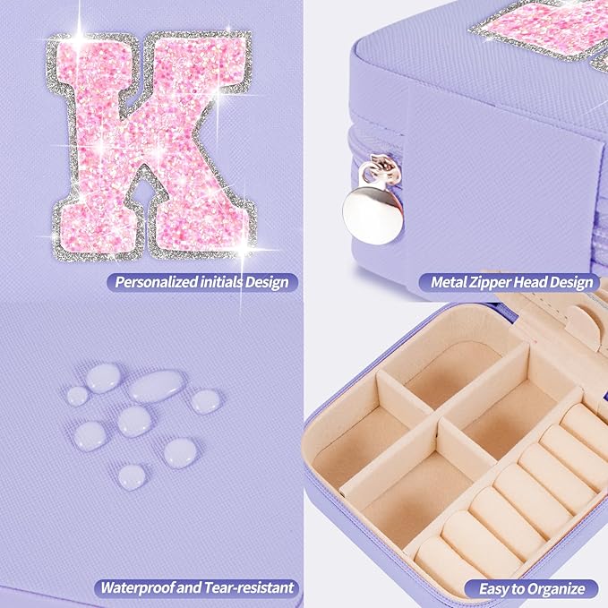 Uygafly Personalized Jewelry Box - Small Travel Jewelry Organizer, Cute Storage for Women's Accessories, Travel Essentials & Birthday Gifts | Lavender,K