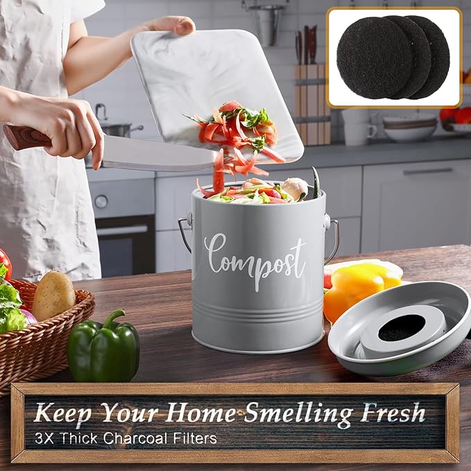 DAYYET Gray Compost Bin Kitchen, 1.3 Gallon Farmhouse Kitchen Compost Bin Countertop with Lid and Charcoal Filters, Indoor Compost Bucket for Decor and Accessories