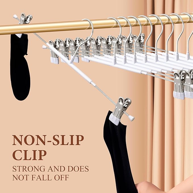 Pants Hangers with Clips 10 Pack 16Inch Adjustable Skirt Hanger for Women Non-Slip Trousers Hanger for Jeans Clothes Hangers for Pants Heavy Duty Space Saving Shorts Hangers,White