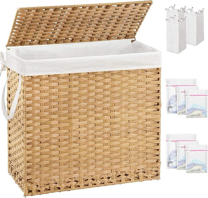 SETVSON Laundry Hamper with Lid Laundry Basket 132 L (35 Gal) Wicker Clothes Hamper, Handwoven Rattan Hamper with Handles and 4 Removable Liner Bags, 6 Mesh Bags for Laundry Bedroom Natural