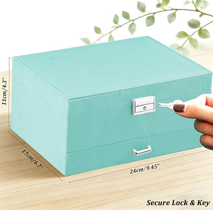 QBestry 3-Layer Jewelry Box for Girls & Teens with Lock and Key, Large Jewelry Organizer with 8 Necklace Hooks & 56 Earring Holes, Teal Velvet Jewelry Storage Box for Necklaces Earrings Rings Bracelet