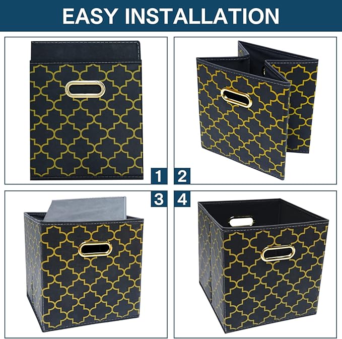 Fabric storage bins Cubes, Fabric Cube Organizer with Handle, Foldable Cube Bins for Cloth or Accessary Storage, 11x11x11, Set of 3, (Grey Gold)
