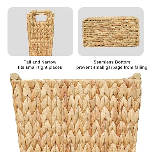 Coeusy 6 Gallon Wicker Trash Can with Wooden Handle,Wicker Waste Basket for Bathroom,Bedroom,Large Narrow Water Hyacinth Trash Basket,Rattan Boho Decor Farmhouse Bathroom Trash Can