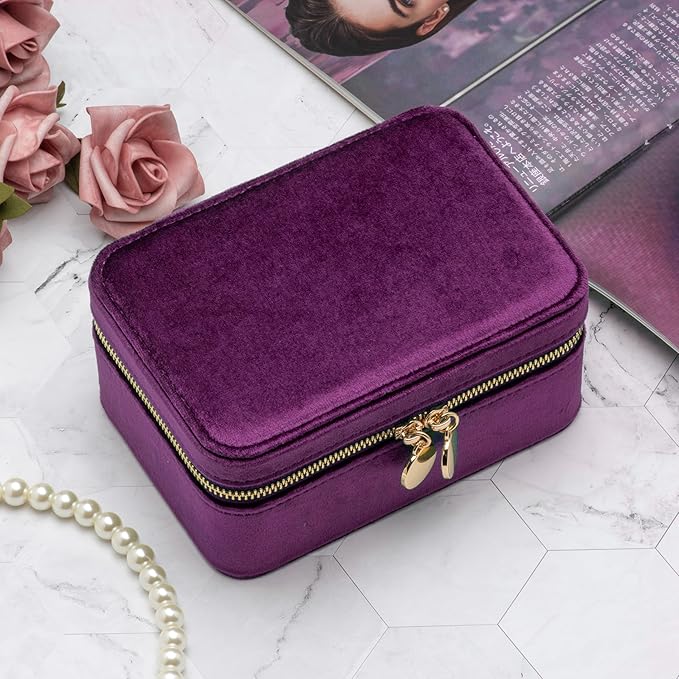 Velvet Travel Jewelry Organizer Box with Zipper Around Portable Accessory Display Tray Holder Storage Case for Multiple Earrings Rings Necklaces Bracelets (Purple)