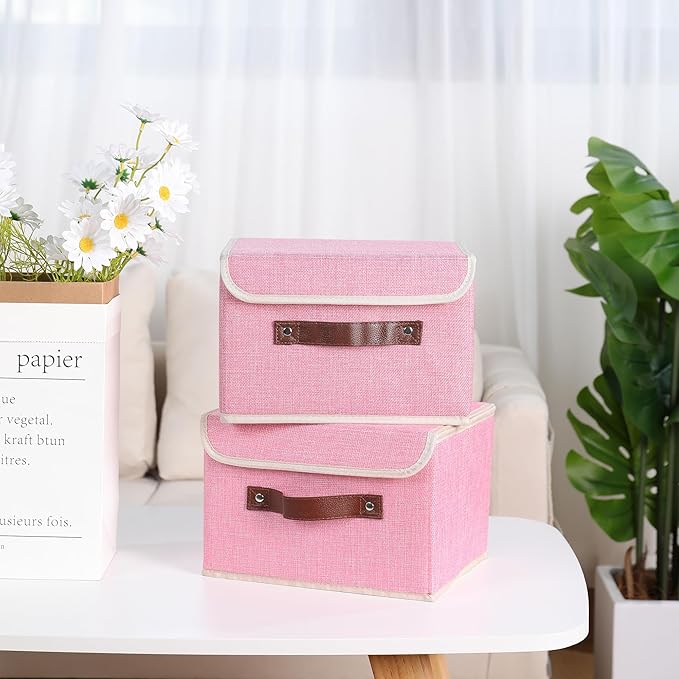 ANMINY Storage Bin with Lid Storage Boxes with PU Leather Handles PP Plastic Board Decorative Foldable Lidded Cotton Linen Fabric Home Cubes Baskets Closet Organizer Container - Pink, Medium