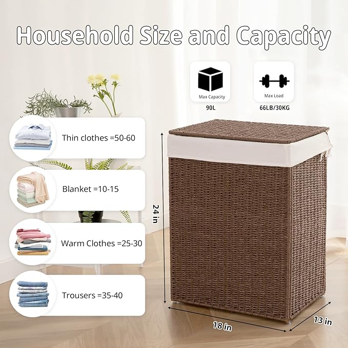 OIAHOMY Laundry Hamper with Lid, 90L(23.8 Gal) Large Wicker Laundry Basket for Bedroom, Handwoven Paper Rope Clothes Hamper with Washable Liner & Metal Frame, Decorative Organizer for Bathroom Brown