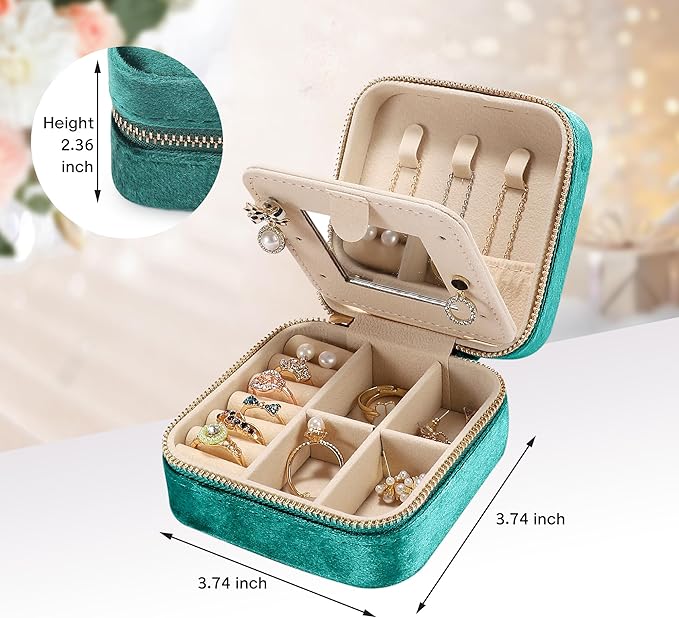 Plush Velvet Travel Jewelry Box for Women & Girls - Small Portable Organizer, Storage Case for Rings, Earrings, Necklaces & Bracelets – Ideal Gift for Travel & Occasions (Green)