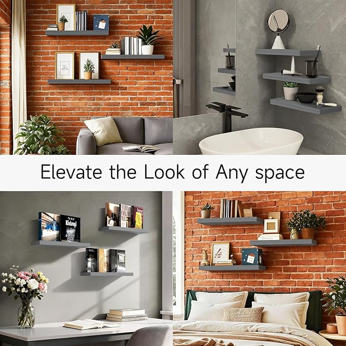 BAYKA Grey Floating Shelves for Wall 22.5 inch, Wall Mounted Shelf for Bedroom, Living Room, Kitchen – Wood with Hidden Metal Brackets, 22LBS Capacity, 6.7” Deep – Storage for Books, Plants, Decor