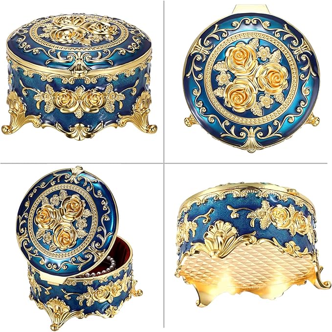 Hipiwe Vintage Jewelry Box Metal Keepsake Box Round Treasure Storage Case for Ring Earrings Necklace Holder Wedding Birthday Gift for Woman, Blue, 5.7" L x 5.1" W x 3.5" H