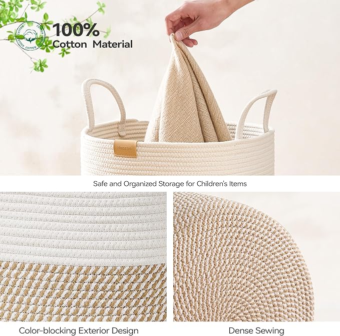 Nunsino Laundry Hamper 62L,Large Laundry Basket for Clothes,Decorative Storage Basket for Blankets,Cotton Rope Woven basket for bedroom,Brown White