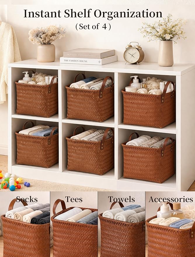 Hand Woven Baskets for Storage, 4Pcs Water-Resistant Wicker Baskets, Brown Wicker Storage Baskets for Shelves, Large Basket with Handle for Organizing, Clothes, Laundry, Blanket - Square
