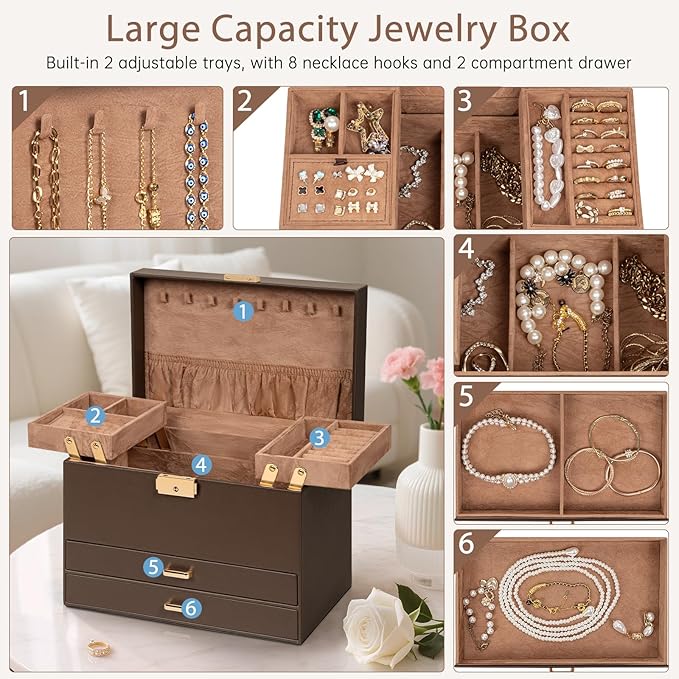 AKOZLIN Travel Jewelry Box Organizer Functional 2-trays Leather Jewelry Storage Case with Lockable Portable 2 Drawers for Women Girls Ring Necklace Earring Bracelet