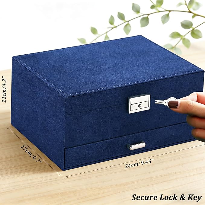 QBestry 3-Layer Jewelry Box for Women with Lock and Key & Drawer, Large Jewelry Organizer with 8 Necklace Hooks & 56 Earring Holes, Navy Velvet Jewelry Storage Box for Necklaces Earrings Ring Bracelet