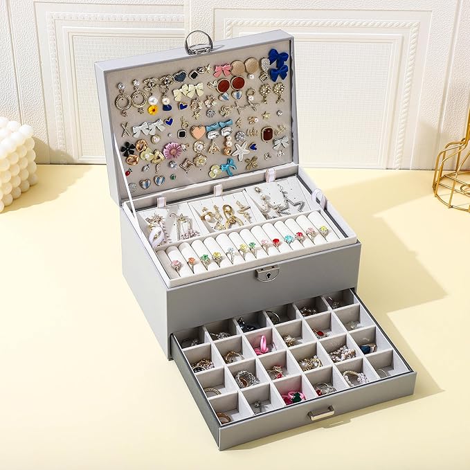 BOOVO Earring Jewelry Box For Women Girl Stud Organizer, 5 Layers Girl Jewelry Organizer Box With Lock Earring Holder Organizer Necklace Ring Jewelry Organizer Box For Girls (grey)