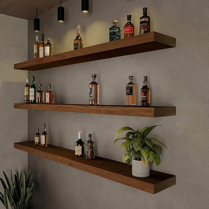 ROGMARS 60Inches Long Walnut Floating Shelves,Rustic Solid Wood Farmhouse Wall Shelves with Invisible Brackets for Bathroom, Living Room, Bedroom, Kitchen Set of 3