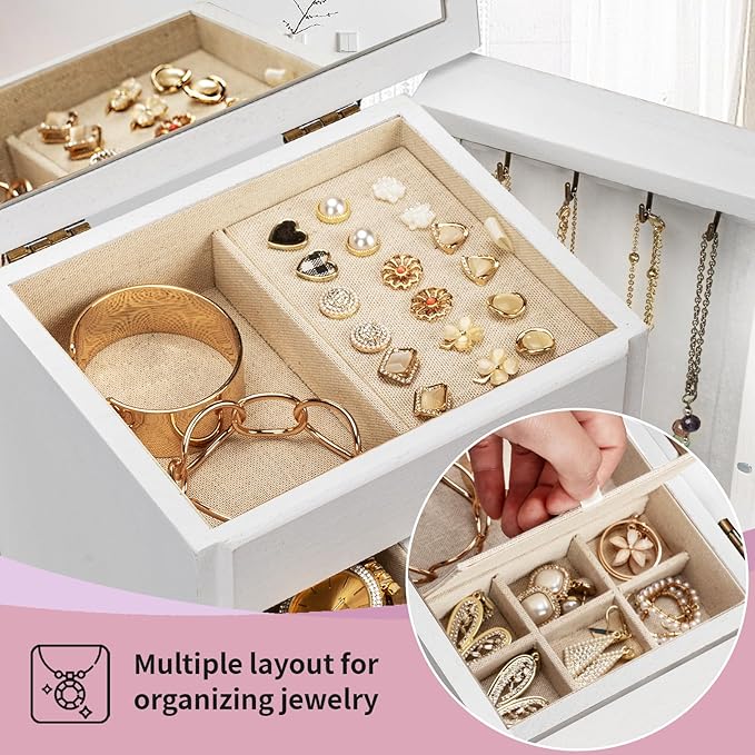 Jewelry Box for Women, Rustic Wooden Jewelry Boxes & Organizers with Mirror & Drawers,6 Layer Jewelry Organizer Box for Rings Earrings Necklaces Bracelets ((Weathered White)