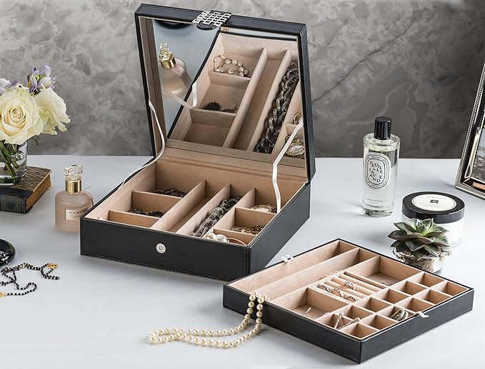 Glenor Co 28 Section Jewelry Box - 2 Layer - Buckle Snap & Magnet Closure - Large Mirror - Pu Leather - Black - Jewelry Organizer for Women & Girls - Holder for Earring Ring Necklace & Bracelet