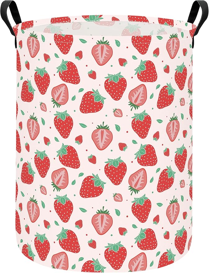 Laundry Hamper Large Canvas Fabric Lightweight Storage Basket/Toy Organizer/Dirty Clothes Collapsible Waterproof for College Dorms, Boys and Girls Bedroom,Bathroom(strawberry)