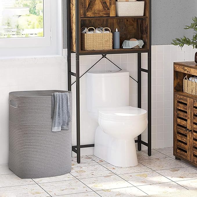 MEGASKET Large Laundry Hamper 16"x13"x22" - Tall Woven Laundry Basket, Cotton Rope Dirty Clothes Hamper, Baby Kids Nursery Wicker Laundry Basket, Bedroom Aesthetic, Soft Laundry Bin, Gray Hamper, 75L