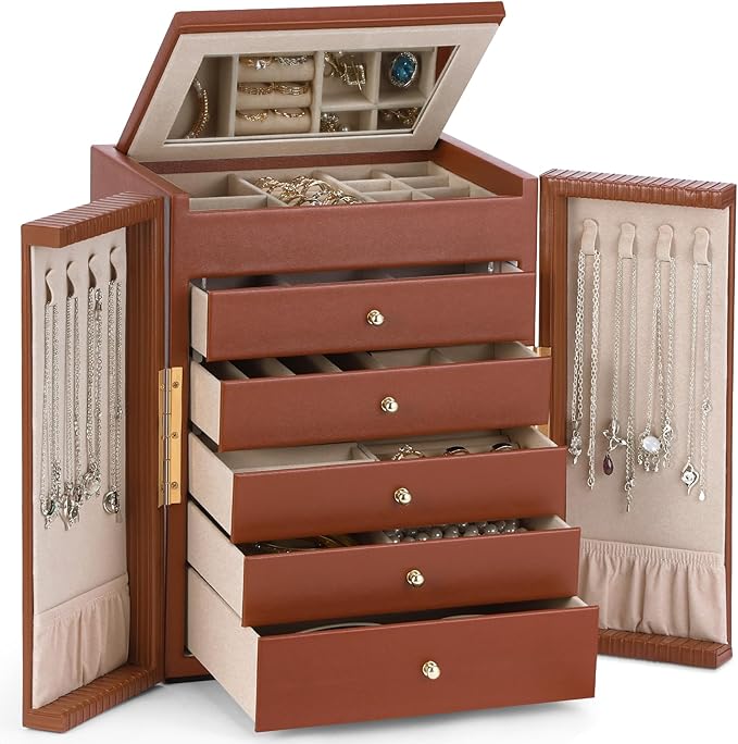 Dajasan Large Jewelry Organizer Box, Jewelry Boxes for Women Girls, 6-Tier Jewelry Storage Organizer with Mirror for Necklace Ring Bracelet Watch, Gift Idea (Brown)
