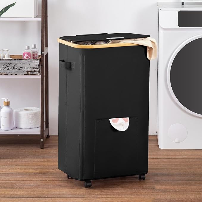 Vincona Laundry Basket with Wheels, Tall Dirty Clothes Hamper on Wheels, Rolling Laundry Hamper with lid for Dorm, Bedroom and Bathroom (Black, 100L)