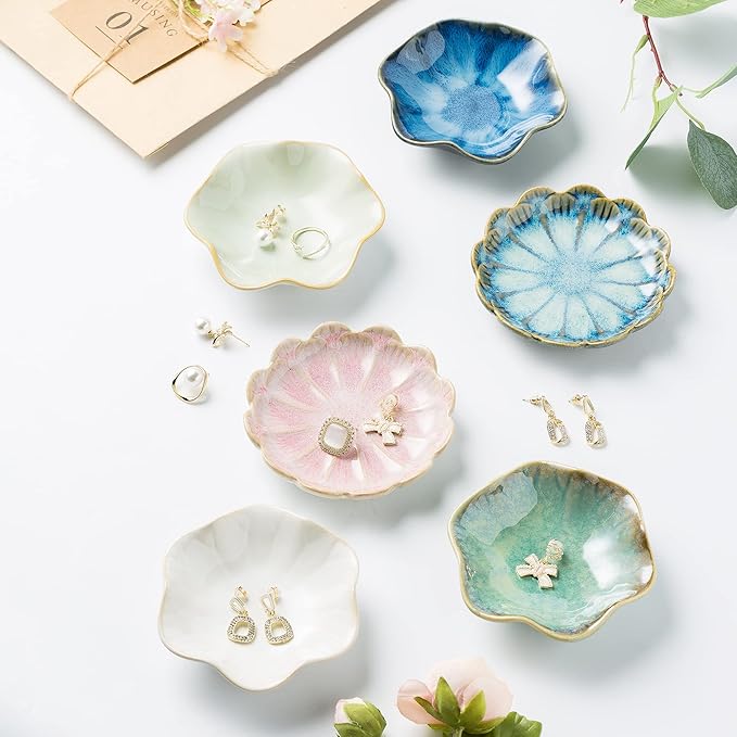Jewelry Dish Tray, Ring Dish, Ceramic Trinket Tray, Key Bowl, Decorative Plate, for Friends Sisters Daughter Mother (Retro Blue)
