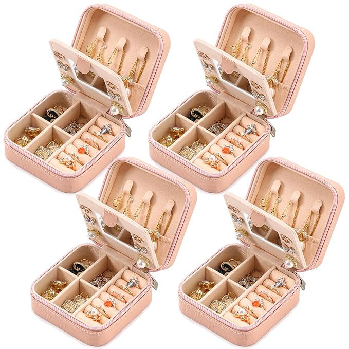 Neveika Jewelry Box with Mirror,Small Jewelry Organizer Box，Travel Jewelry Case for Women，Gift Jewelry Boxes for Female Girls (4pcs mirror pink)