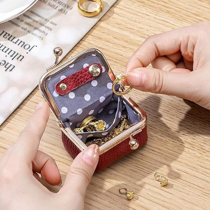 Leather Mini Jewelry Box, Portable Vintage Leather Coin Purse Jewelry Box with kiss Lock, Mini Travel Ring Box for Earrings/Rings/Necklaces/Bracelets