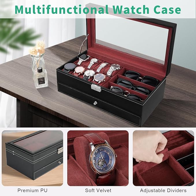 TomCare Watch Box 2-Tier Watch Case Jewelry Organizer Box with Thick Glass Lid Lockable Watch Organizer Jewelry Display Holder Sunglass Rings Necklaces Bracelets Storage Organizer for Men Women
