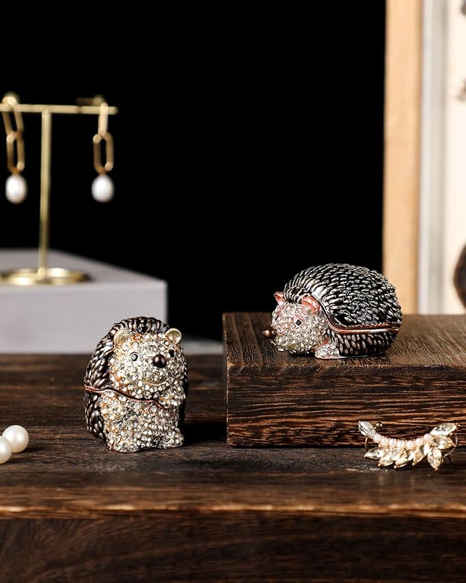 Hand Painted Trinket Box Enamel Vintage Jewelry Box Standing Hedgehog Hinged Metal Jewelry Organizer Decorative Treasure Box Unique Gifts for Animal Lover