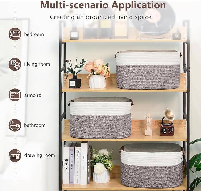 ECDYQXVU Cotton Rope Basket, Storage Baskets with Handle, 15x10x9 Inch Woven Basket for Shelves, Laundry, Towels, Clothes, Books (White Brown 1 Pack)