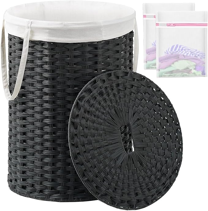 SETVSON Laundry Basket with Lid Round Rattan Laundry Hamper with Lid and Handles 29.1 Gal (110 L) Handwoven Woven Basket with Removable Bags and 2 Mesh Bags for Bathroom Living Room Black