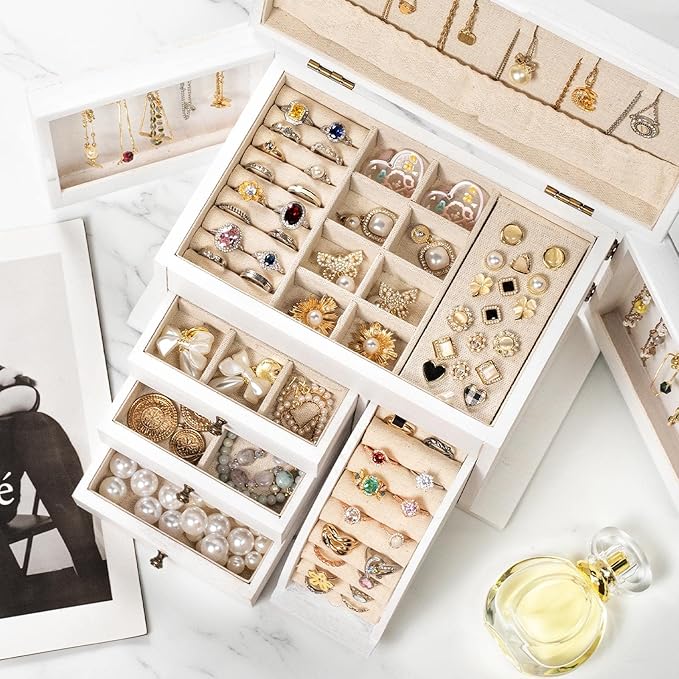 Poyilooo Jewelry Box Organizer, Solid Wood Jewelry Boxes for Women for Storage & Display Necklace Ring Earring Bracelet, Rustic Style Jewelry Organizer Box for Women Gifts (Weathered White)