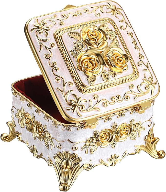 Hipiwe Vintage Jewelry Box Rectangular Trinket Chest Metal Treasure Holder for Ring Earrings Organizer Keepsake Box Gift for Woman, Beige, 5.1" L x 5.1" W x 3.1" H