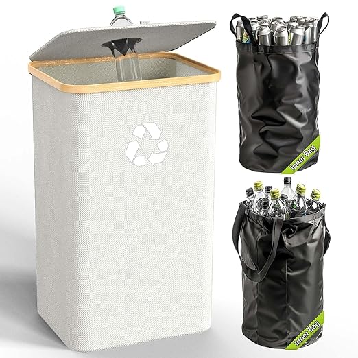 Recycling Bin for Kitchen Indoor Home,Beige Color Large 100L/ 26 Gallon Recycle Bin with Lid Removeable Reusable Inner Bag Bottle Can Glass Waste Plastice Stickers