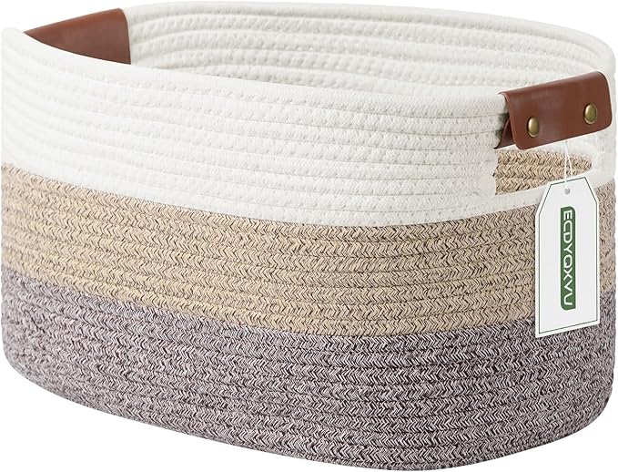 ECDYQXVU Cotton Rope Basket, Storage Baskets with Handle, 15x10x9 Inch Woven Basket for Shelves, Laundry, Towels, Clothes, Books, (Gradient Brown 1 Pack)