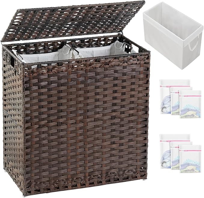 SETVSON Laundry Hamper with Lid Wicker Laundry Basket 112 L (29.6 Gal) Laundry Hampers Handwoven Rattan Laundry Hamper with Handles 3 Removable Washing Bag, 6 Mesh Bags for Bathroom Bedroom Brown