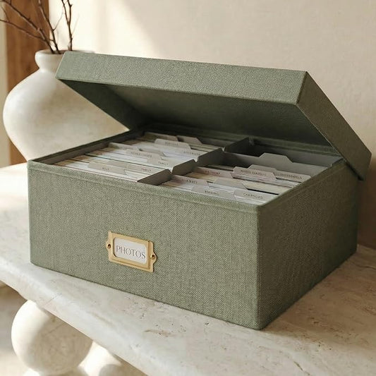 ZICOTO Decorative Photo Storage Box - Sturdy Linen Photo Organizer with Dividers is Perfect to Store Up to 1700 Pictures and 4x6 Photos - Portable Scrapbook Storage Containers with Lid